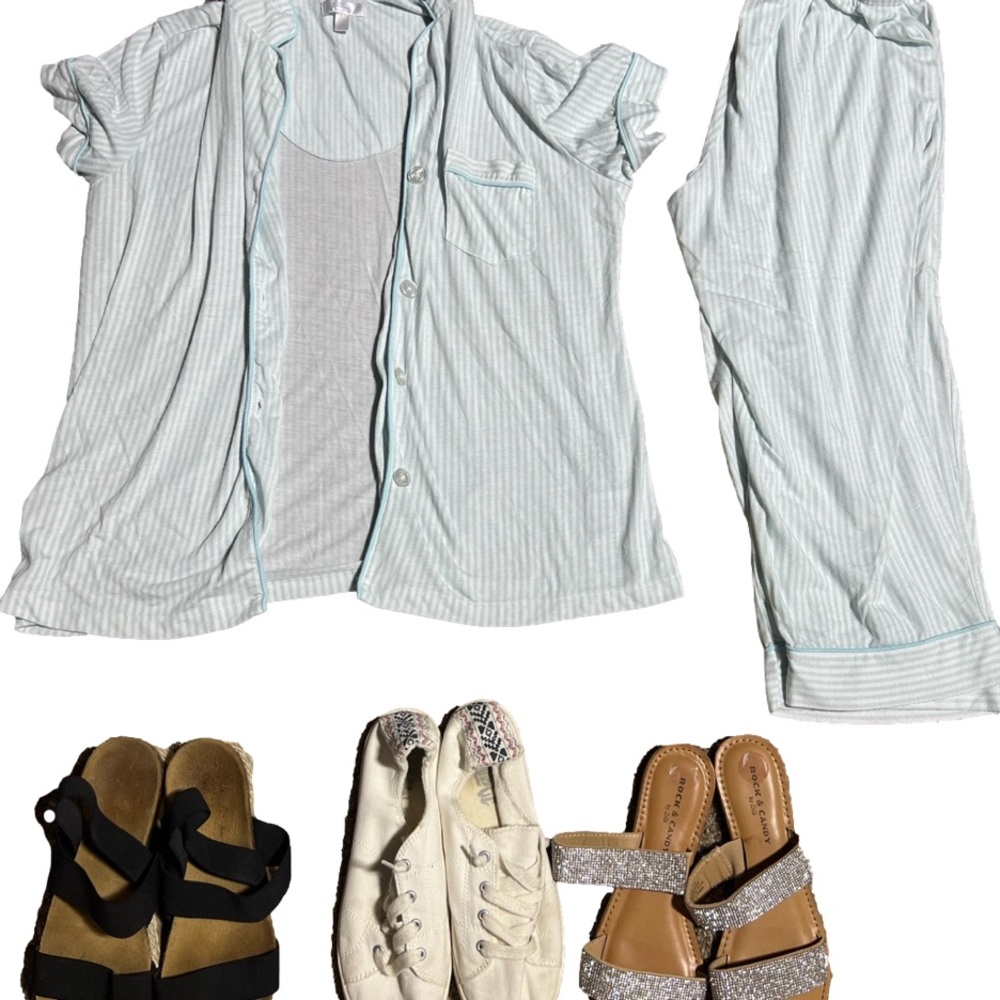 Lot of 1 set of PJ’s size Large sandals size 8.5 and shoes size 9 Steve Madden